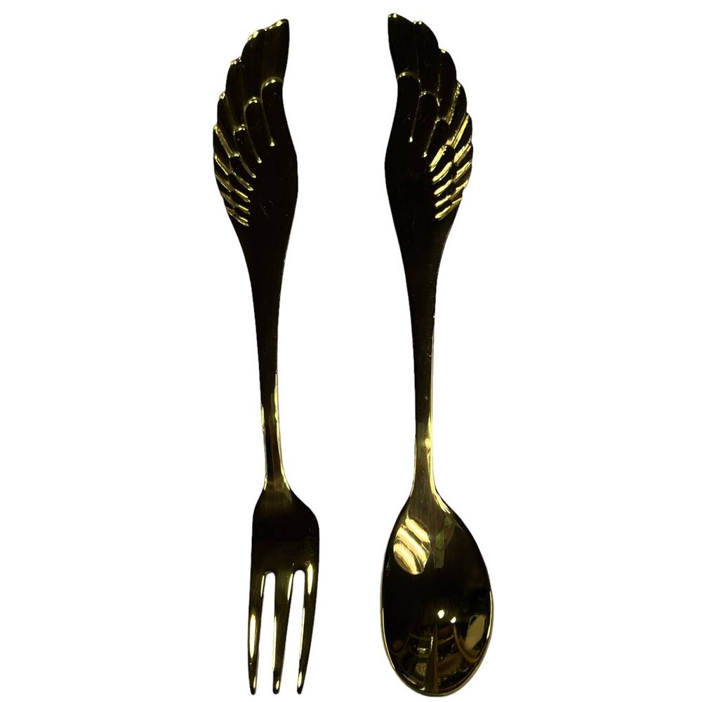 Angel Wings Children's Fork & Spoon Cutlery Gift Set Stainless Steel Gold Plated - Picture 2 of 14